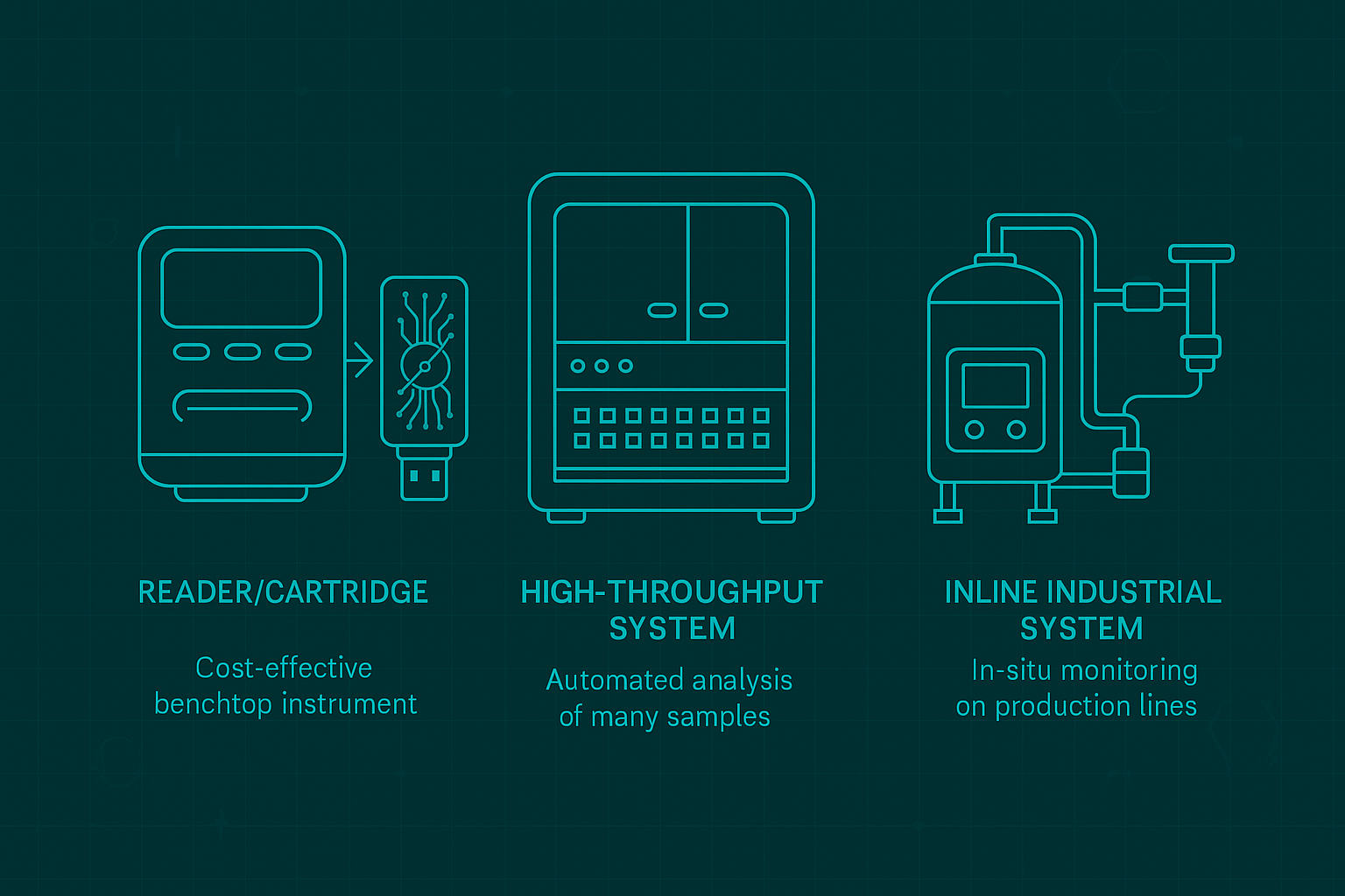Reader/cartridge, high-throughput system, and inline industrial system configurations